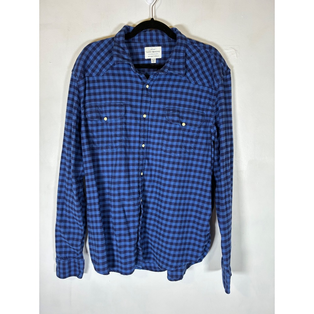 Lucky Brand Saturday Stretch XL Blue Plaid Pearl‎ Snap Western Flannel Shirt